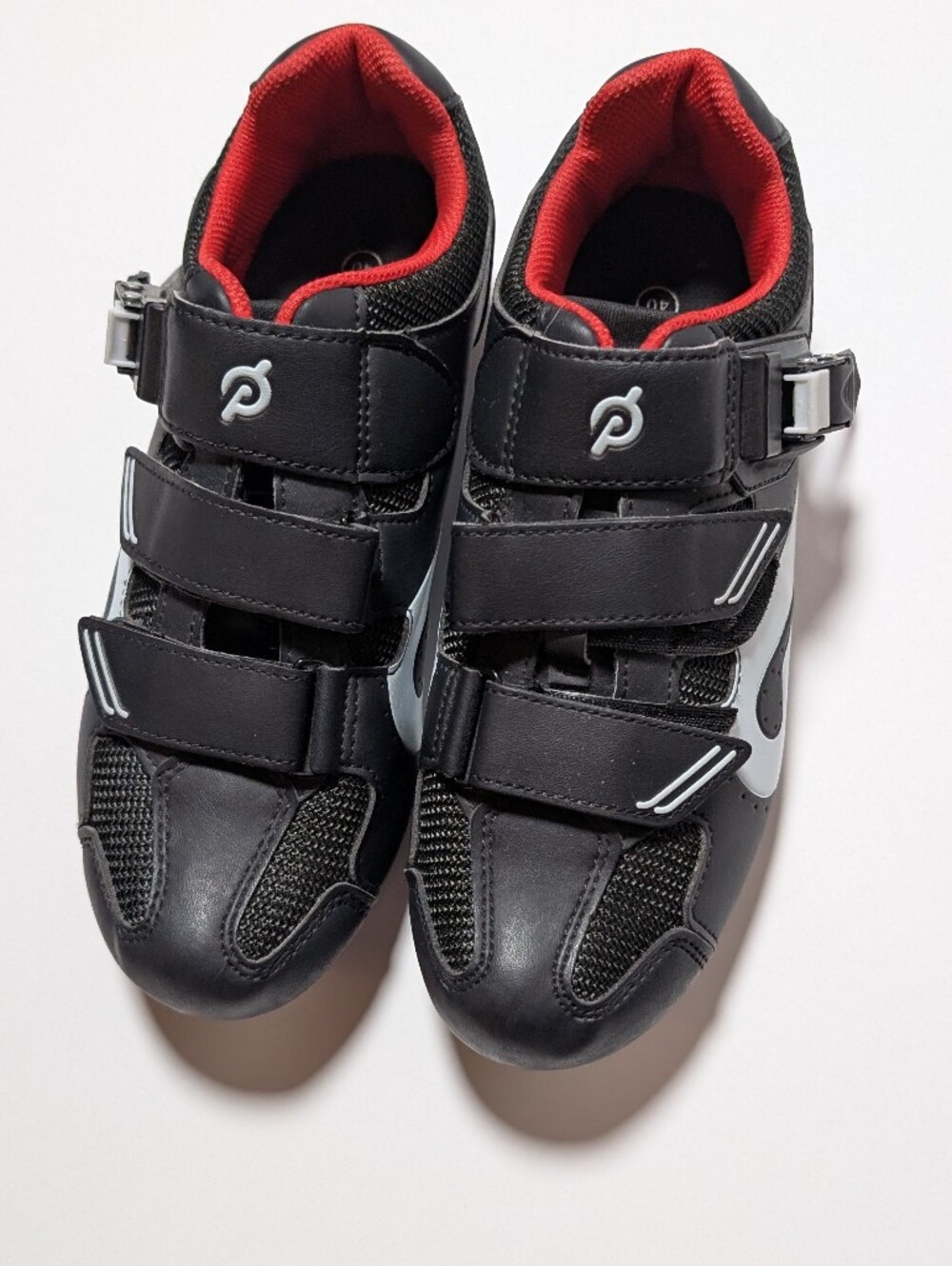 Pelaton Black Cycling Shoes with Red Lining - Velcro & Buckle Closure 40